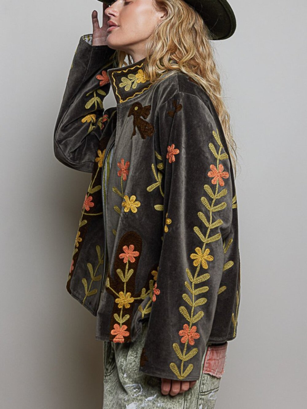 POL Velvet Embroidered Floral Jacket